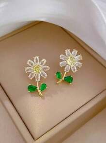 1 Set Stainless Steel Leaf & Flower Necklace And Earrings, Delicate Rhinestoned Luxury Personalized Party Jewelry