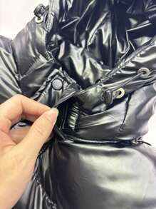 Men's Glossy PU Leather Padded Coat For Winter, Casual Commuting, Outdoor Sports, Thick & Warm, Detachable Hood Design - Black - View 5