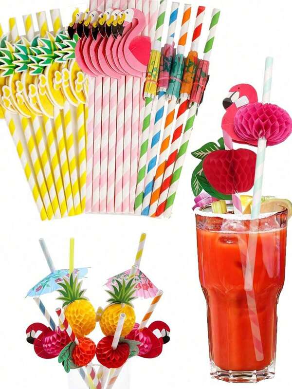20pz/60pz/100pz Cannucce di carta a tema fenicottero e frutta, miscelatori per caffè e cocktail, cannucce usa e getta, spiagge tropicali hawaiane, decorazioni per feste in piscina estive (assortite)