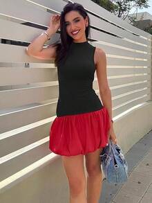 Bubble Dress Women Sleeveless Mock Neck Knit Open Back Dress Bodycon Y2k Party Club Short Dress - Hitam Merah - View 3