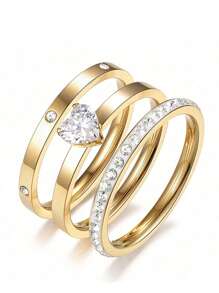 3 Pcs Luxury Zirconia Stainless Steel Ring Set, Classic & Fashionable Rings Accessory For Women