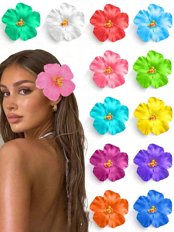 12 piezas de pinzas para el cabello con flores hawaianas de colores aleatorios - Pinzas para el cabello con flores artificiales de plumeria adecuadas para vacaciones, fiestas en la playa, verano, fiestas tropicales, accesorios para el cabello para bodas, fiestas y regalos para niñas - Pinzas planas para el cabello