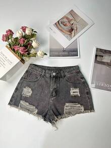 Cowgirl Women Street Style Distressed Frayed Denim Shorts - Medium Gray - View 6