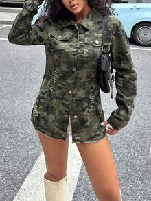 Buttoned Camouflage Print Pocket Casual Women Long Sleeve Jacket