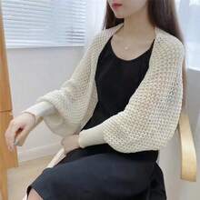 1 件女士新款冰丝披肩、袖套、针织披肩开衫、遮手臂、适合穿衣、空调房 - 米色 - 查看 1