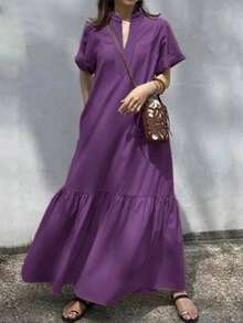Spring/Summer New Fashion Casual Stand Collar Short Sleeve V-Neck Open Front Loose Maxi Dress For Women Elegant - Purple - View 5