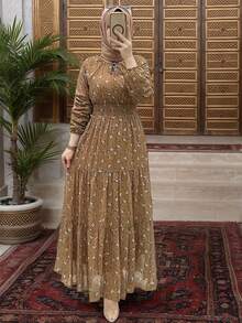 Neck Long Sleeve Abayas Dress, Elegant Pleated Waist Ruffle Maxi Dress, Women Clothing - Luo Color - View 1