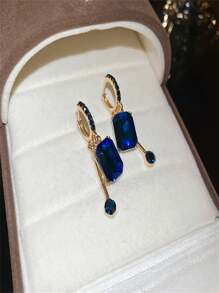 1 Pair Luxury Elegant Blue Square Clip-On Earrings, Niche Design Graceful Earrings