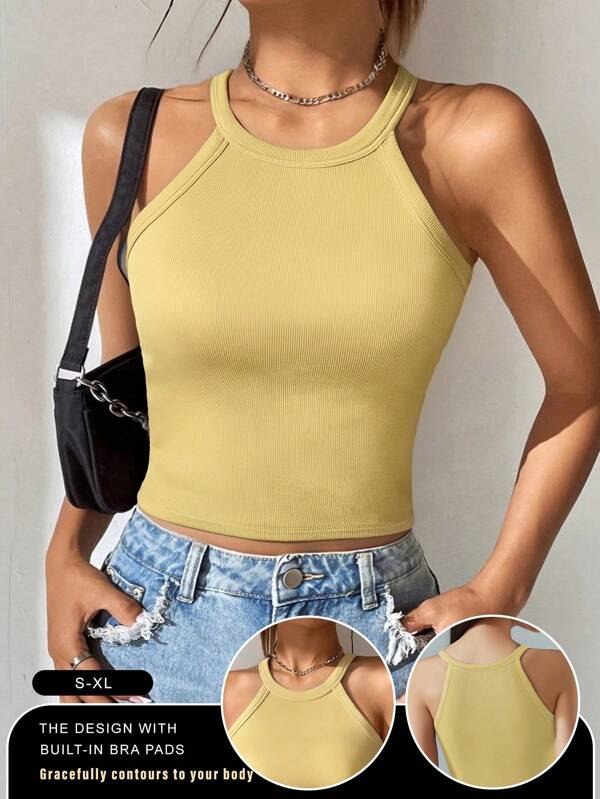 قطعة واحدة مناسبة للصيف، توب أساسي للسيدات بدون أكمام بلون واحد، متوسط الإطالة بدون أكمام