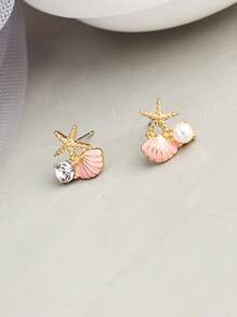 2 piezas de Pendientes asimétricos con concha rosa, estrella de mar y perla, delicados y adecuados para uso diario o en la playa de la mujer