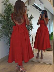 Floreya2025 Spring & Summer Elegant Waist Gathering Camisole Umbrella Dress, Solid Color Dating Dress With Sweet Waist, Bowknot Backdesign, Unique French Style - Red - View 3