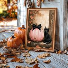 1pc Canvas Wall Art, Halloween Wall Art, Halloween Poster, Framed Wall Art, Playful Black Cat And Pink Pumpkin Poster, Halloween Horror Wall Art, Autumn Home Decor, Autumn Decoration, Cute Decoration, Halloween Decoration, Room Decor, Dorm Decor, Bedroom Home Decor, Autumn Wall Decor - Multicolor - View 10