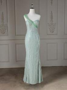 Women's Sequined Dress With Zipper Back And Padded Bra, Full Length - Green - View 3