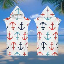 1pc Anchor Hook Rudder Print Hooded Poncho, Ultra-Soft Fiber Beach Blanket & Removable Hooded Beach Robe 2-In-1 With Buttons, Super Absorbent Towel, Suitable For Traveling, Swimming, Diving, Surfing, Yoga, Camping, Available In Multiple Sizes Back To School - Multicolor - View 4