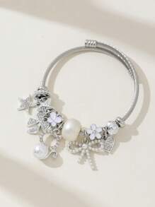 1 pièce Bracelet élégant en acier inoxydable avec détails de cristal strass et faux perle en forme de nœud de chat. Convient pour les femmes, les fêtes, les événements, les cadeaux, la Saint-Valentin