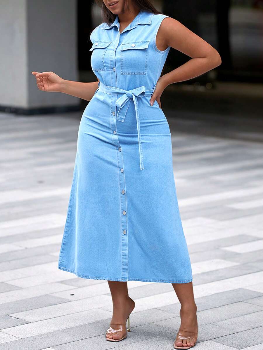 Women Solid Color Casual Sleeveless Button Up Denim Dress