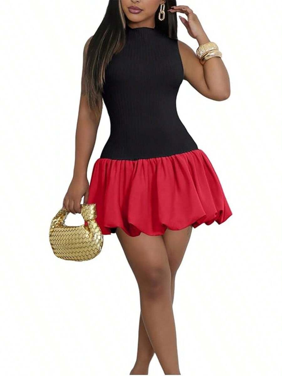 Bubble Dress Women Sleeveless Mock Neck Knit Open Back Dress Bodycon Y2k Party Club Short Dress - Hitam Merah - View 1