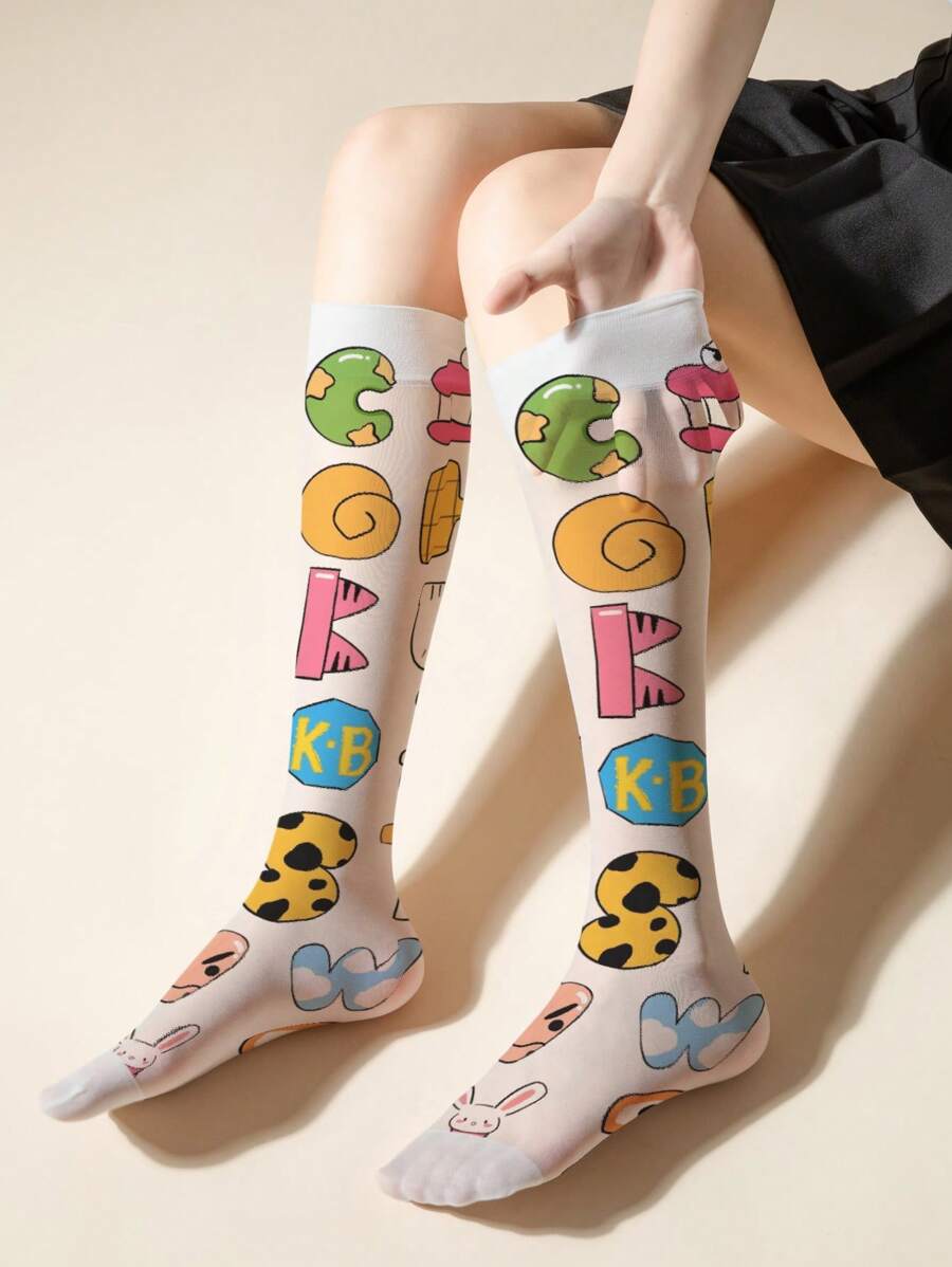 1/2/5 Pares de Medias para Mujer con Diseños de Letras de Animales Coloridas y Lindas, Medias Delgadas