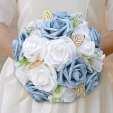 1 Stück eleganter blauer Rosenstrauß mit Satinband, Mori Stil Goldblatt Braut Brautjungfer Hochzeit Künstliche PE Schaum Rose Blumenstrauß PE407E