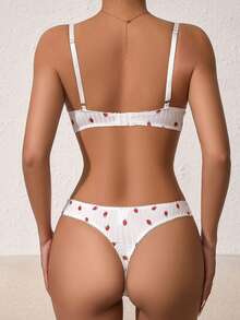 Women's Erotic Naughty Lingerie Sets Strawberry Print Lace Trim Bra And Low Waist Thong - White - View 6