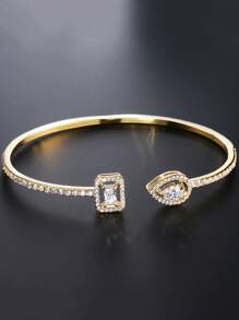 1pc Elegant Hollow Cubic Zirconia Water Drop Design Open Bangle Bracelet, Suitable For Everyday Wearing