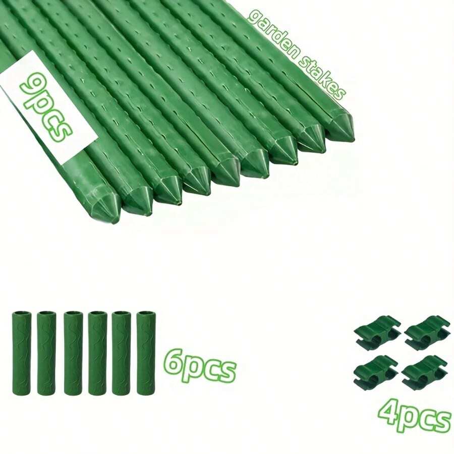 19pcs Adjustable Garden Stakes Set - DIY Length 80.01cm To 199.9cm, Durable Plastic Coated Metal Support Rods 9pcs With 6 Connectors And 4pcs Clips For Tomato, Eggplant, Cucumber & Grape Vines, Green. - Dark Green - View 1