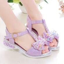 Sandalias de princesa para niñas, sandalias de baile con diamantes de imitación para estudiantes, sandalias de tacón alto con lazo para niñas - Morado - Ver 6