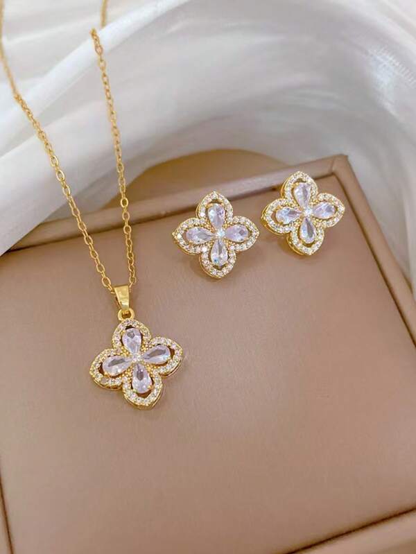 [Titanium Steel] Necklace And Earrings Set, Luxury Clover Zirconia Stone Personalized Charm Dinner Jewelry Set (Excluding Box)