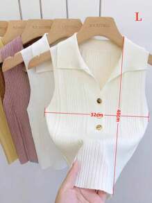 1 pieza Polo de punto sin mangas con cuello falso de ajuste corto para mujer con botones dorados, negro, blanco, albaricoque, rosa, morado