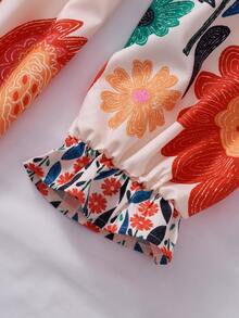 女式花卉印花 V 领长袖束腰优雅长裙，度假风 - 米色 - 查看 12