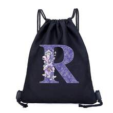 Drawstring Bag School Backpack Sport Bag Women's Fashion Shoulder Backpacks Canvas Shopping Bag Organizer For Travel Cycling Hiking Woman Large Capacity Storage Shopper Bags Initial Name A To Z Letter Print - Black - View 13