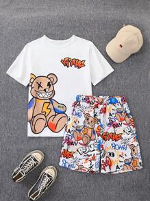 Set de 2 piezas de camiseta de manga corta con cuello redondo y estampado gráfico de oso y pantalones cortos con estampado total, informal y deportivo para adolescentes, versátil para el verano