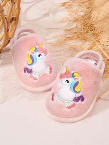 1 Pair Fashionable Cute Cartoon Unicorn Embroidered Warm Slippers, Suitable For Children - Pink - View 5