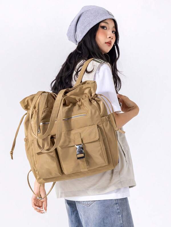 Nylon Drawstring Closure Large Capacity Shoulder Bag, Simple Multi-Pocket Student Backpack, Casual Personalized Handbag For Women