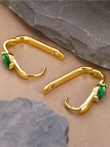 1 paire de boucles d'oreilles créoles carrées en zircone verte ovale pour femmes, plaquées or. Nouveauté 2025 dans la bijouterie d'oreille de luxe, idéal pour les fêtes et les cadeaux - Or jaune - Voir 3