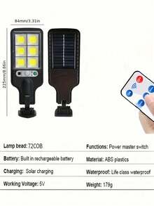 1/2/4/6/8pcs 太阳能户外灯，7700W 6 面板 72 COB 灯，庭院壁灯，Y 户外露营灯，太阳能景观灯，黑壳白光，18650 高容量电池，ABS 材料，3 种调光模式。持久照明户外壁灯，防水，商业照明，可调节运动传感器和遥控器，适用于商业街道、家庭庭院、户外通道、花园、车库和装饰照明 - 白光-72COB - 查看 8