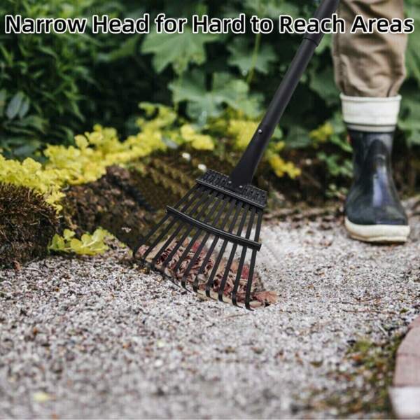 63 Zoll (160 cm) einstellbare schwere Garten-Laubrechen, 11 Metallzinken, Kleiner Garten-Rechen für Sträucher, Blumenbeete, Mulch, Camping, Schwarz