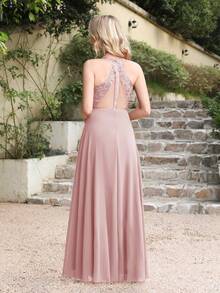 Babyonlinedress BABYONLINE D.R.E.S.S. V-Neck Guipure Lace Insert Chiffon A-Line Prom Bridesmaid Dresses,Formal Wedding Guest Gown, For Graduation, Dinner - Bụi hồng - Xem 2