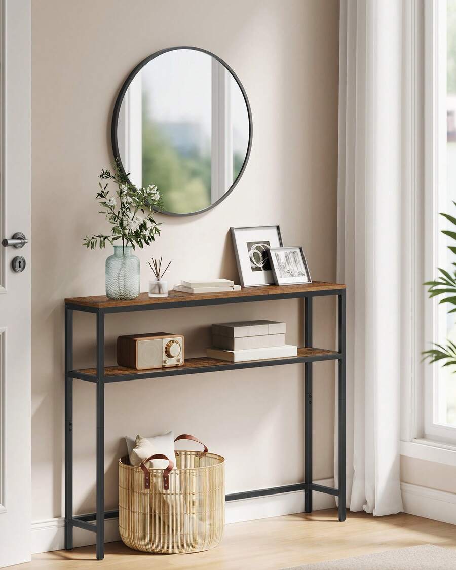 Console pour Couloir, Table de Salon Fine à 2 Niveaux, 20 x 80 x 80 cm/20 x 100 x 80 cm/20 x 120 x 80 cm, Table d'Appoint avec 2 Étagères, pour Salon, Chambre, Marron Rustique et Noir d'encre - Tabac - Voir 1