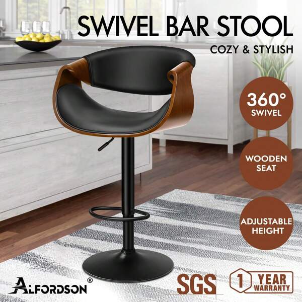 Taburete de bar ALFORDSON Taburete de bar regulable en altura con respaldo de madera Taburete de bistro giratorio, capacidad de carga de 150 kg, piel sintética, negro