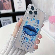 Funda para teléfono (1 unidad) moderna y Funda para teléfono vanguardista con estampado de labios azules y salpicaduras de tinta. Protección antigolpes. Funda transparente de TPU con esquinas reforzadas. Compatible con phone 16 Pro, 11, 15 Pro y 14 Pro. - Colores mixtos 1 - Ver 2