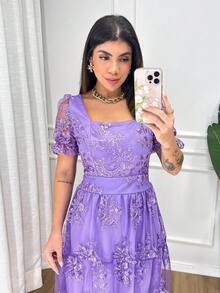 Midi Dress Tulle Fabric Embroidered With Lining Princess Sleeve Christmas Floral Flowers Lace Ruffle Lace Dress Wedding Evening Birthday Party Daily Spring/Summer - Màu Lilac Tím - Xem 2