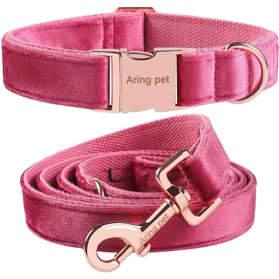 Local Delivery-ARING PET Velvet Dog Collar And Leash Set, Soft Purple Dog Collar And Leash, Adjustable Collars For Dogs - Rose Red - View 1
