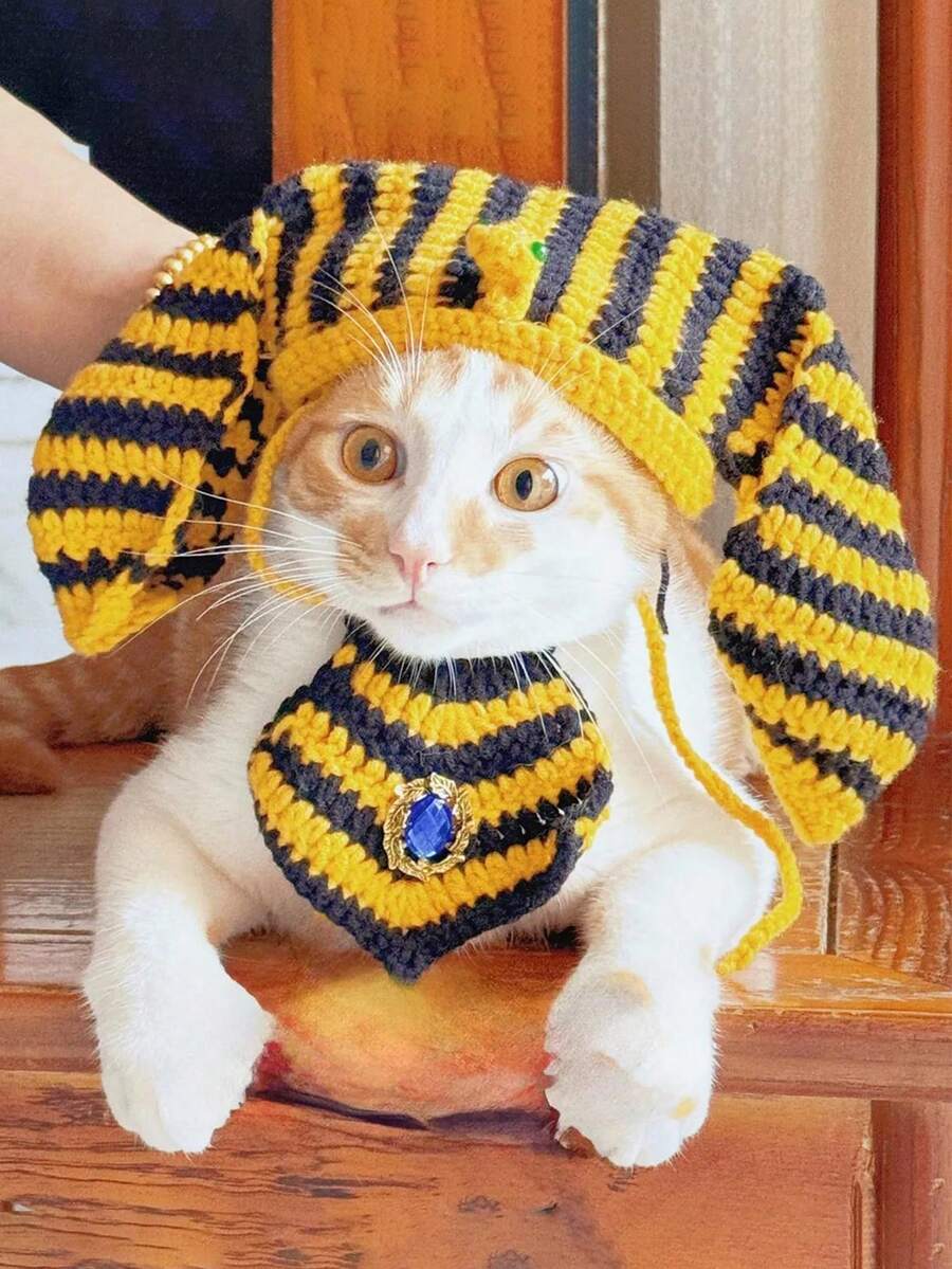1 Bộ mũ yếm đan len hình Pharaoh Ai Cập ngộ nghĩnh cho mèo và chó, phụ kiện trang trí thú cưng cho Halloween - Màu vàng - Xem 1
