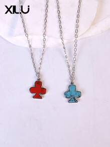 1pc Poker Card & Turquoise Enamel Pendant Necklace For Women, European & American Design