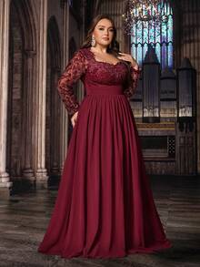 端庄优雅加大码女士纯色贴花网纱拼接长袖雪纺礼服裙，情人节婚礼春季派对 - 酒紅色 - 查看 4