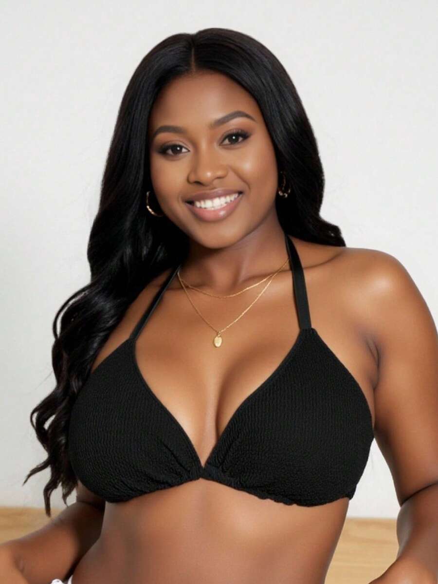 Slaydiva Summer Beach Plus Size Solid Color Textured Swimwear Top - Black - View 1