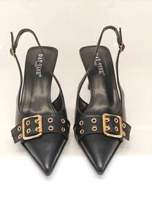 RevReaL Pointed Toe Slingback Heels With Double Buckle Detail - Minimalist Chic Pumps - Black - View 6