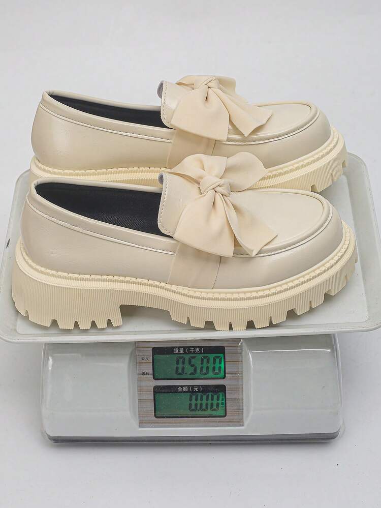 2025 New Round Toe Anti-Slip Thick Sole Mid-Heel Loafers, Bowknot Slip-On, British Style Casual Shoes, Comfort Flats For Women, Students - Beige - View 7