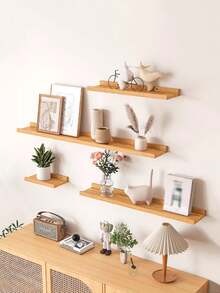1pc Wooden Wall Mounted Floating Shelf, Decorative Display Ledge For Living Room, TV Background Wall